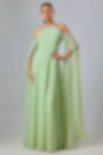 Green Cupro Hand Embellished High-Neck Wedding Gown by Sharnita Nandwana at Pernia's Pop Up Shop