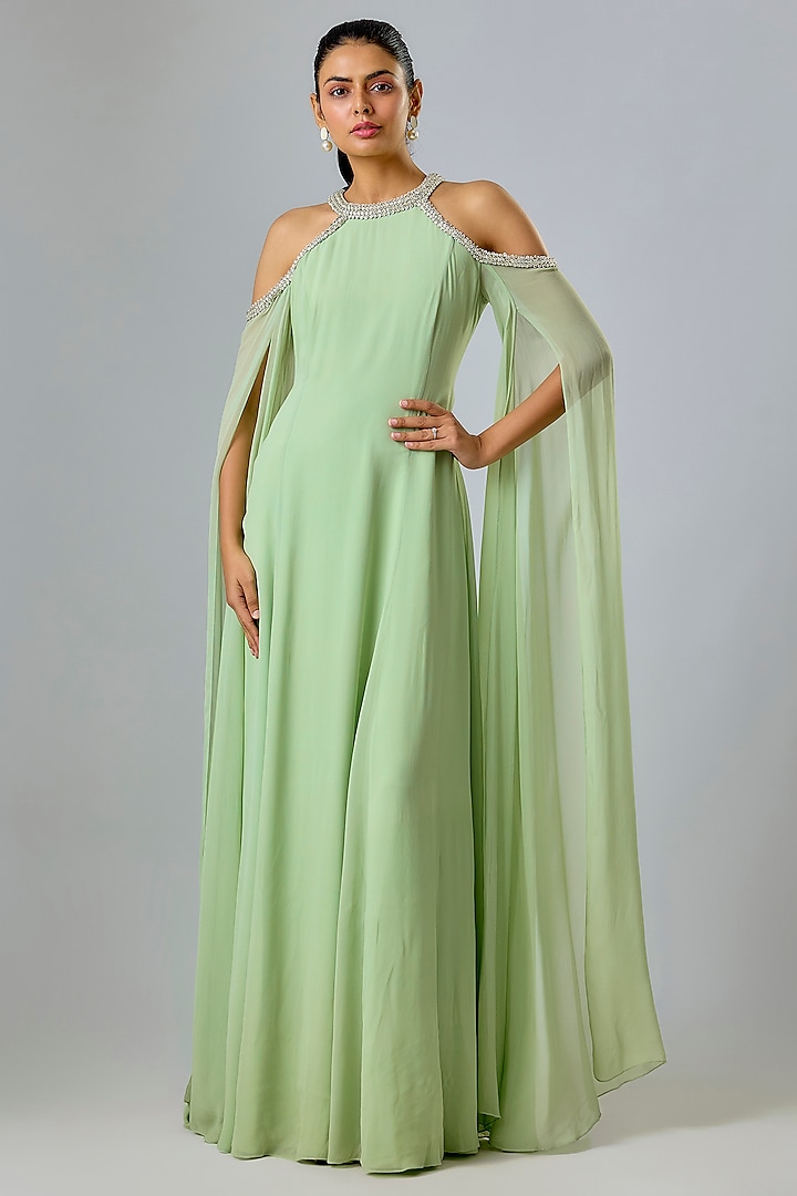 Green Cupro Hand Embellished High-Neck Wedding Gown by Sharnita Nandwana at Pernia's Pop Up Shop