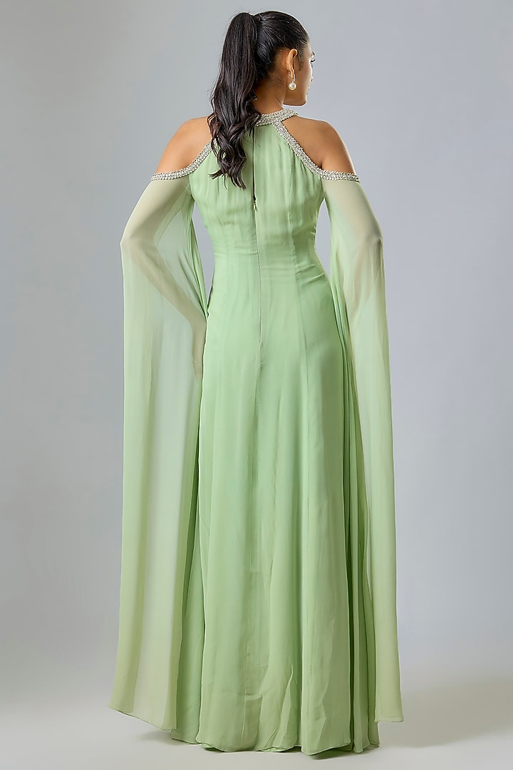 Green Cupro Hand Embellished High-Neck Wedding Gown by Sharnita Nandwana at Pernia's Pop Up Shop