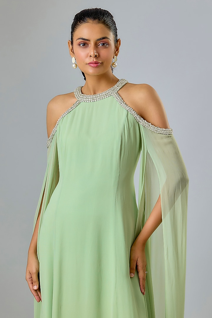 Green Cupro Hand Embellished High-Neck Wedding Gown by Sharnita Nandwana at Pernia's Pop Up Shop