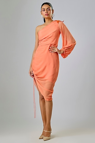 Peach Viscose One-Shoulder Ruched Dress by Sharnita Nandwana