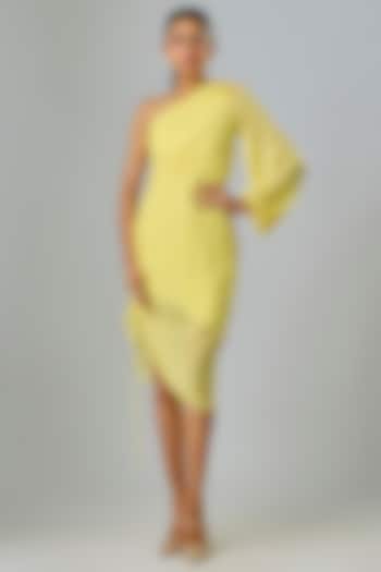 Yellow Viscose One-Shoulder Ruched Party Wear Dress by Sharnita Nandwana at Pernia's Pop Up Shop