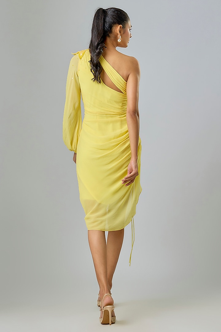 Yellow Viscose One-Shoulder Ruched Party Wear Dress by Sharnita Nandwana at Pernia's Pop Up Shop