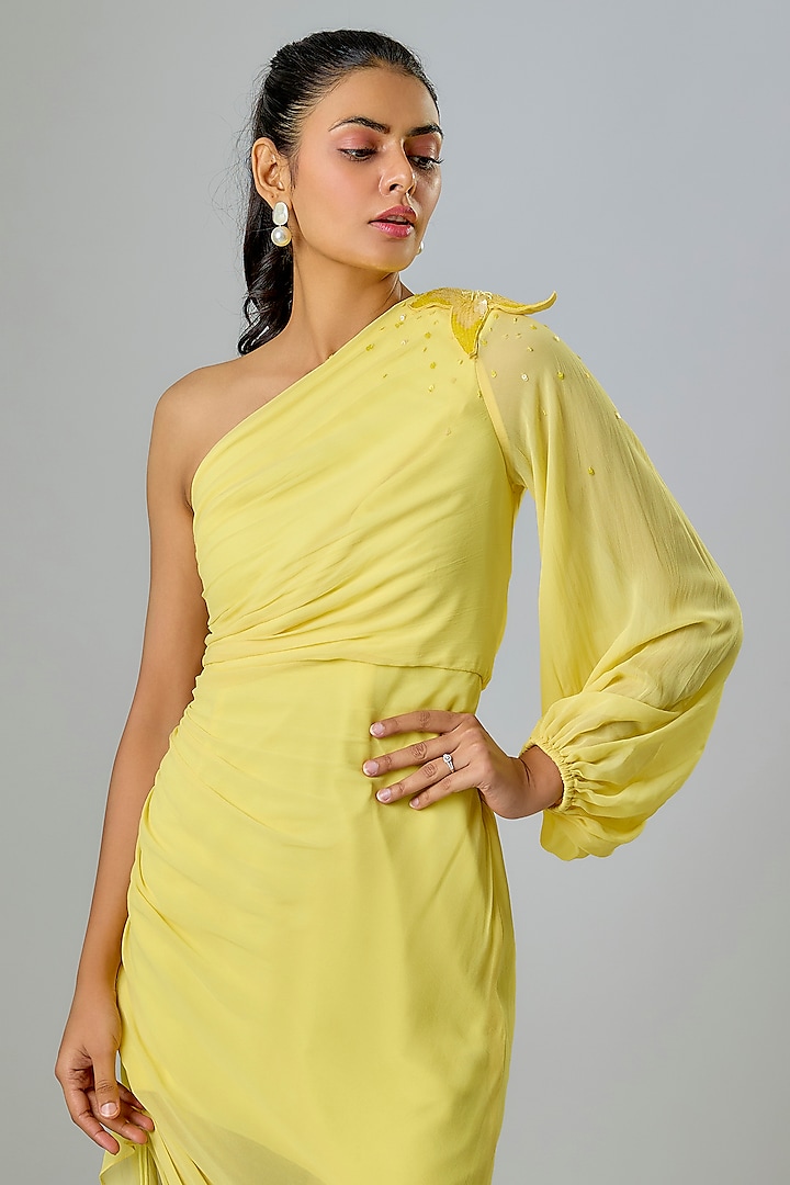 Yellow Viscose One-Shoulder Ruched Party Wear Dress by Sharnita Nandwana at Pernia's Pop Up Shop