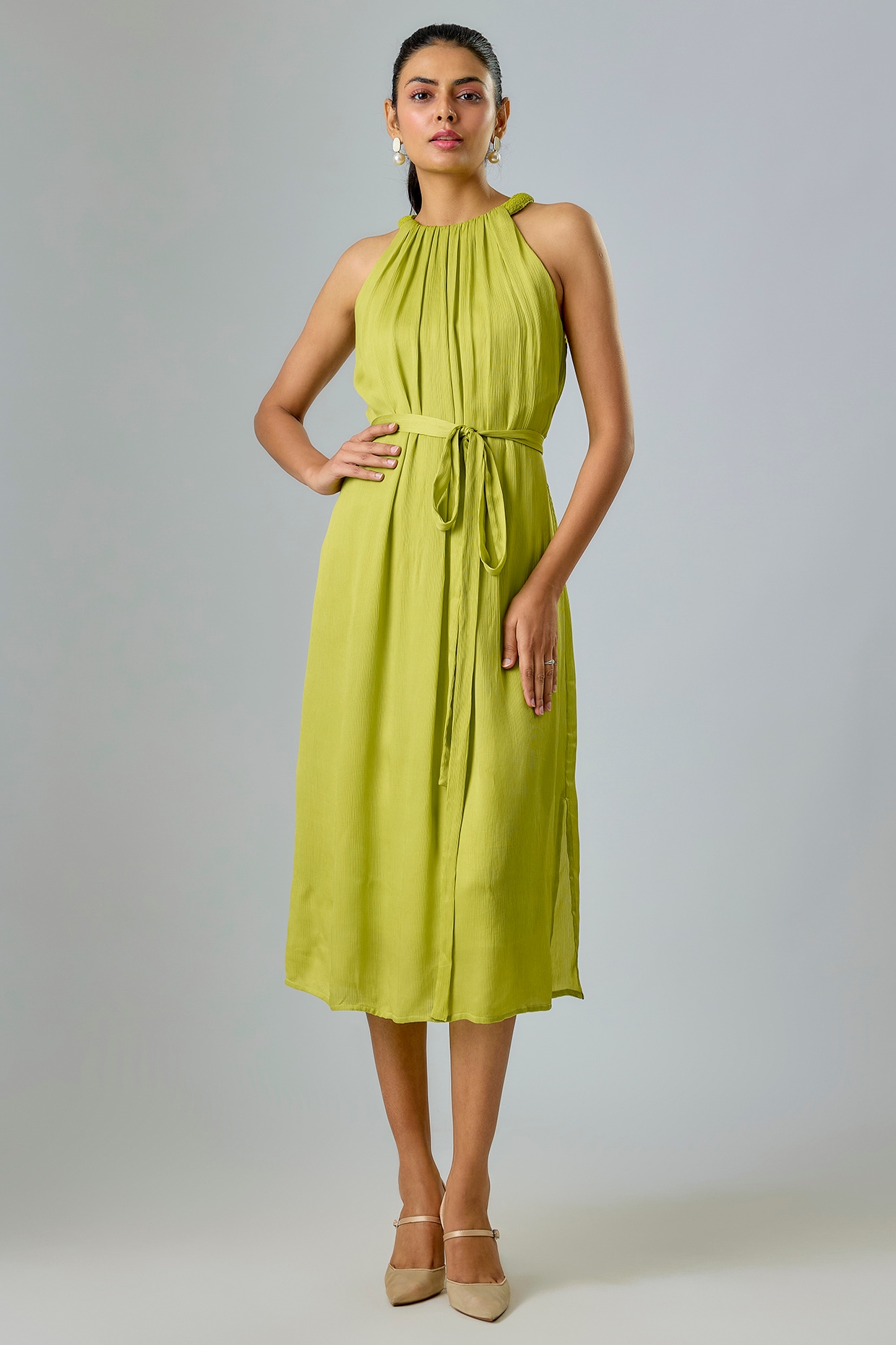Green Viscose Cupro Embellished Gathered Shift Party Wear Dress by  Sharnita Nandwana at Pernia's Pop Up Shop