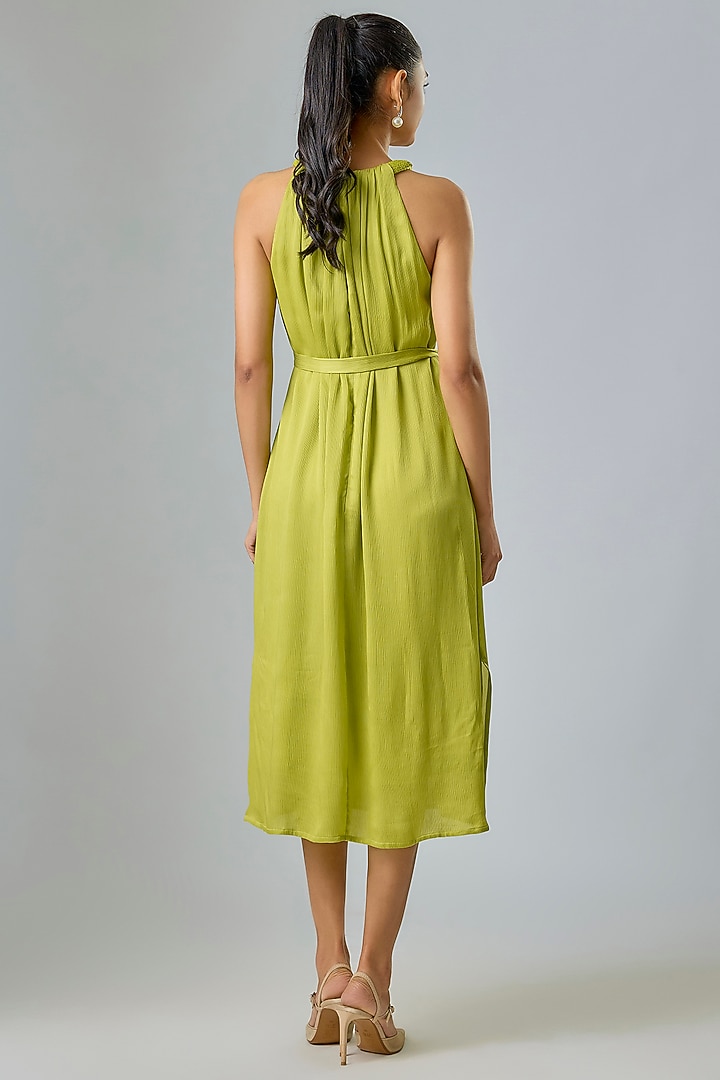 Green Viscose & Cupro Embellished Gathered Shift Party Wear Dress by Sharnita Nandwana at Pernia's Pop Up Shop