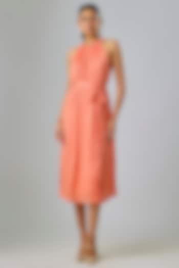 Peach Viscose & Cupro Embellished Gathered Shift Party Wear Dress by Sharnita Nandwana at Pernia's Pop Up Shop