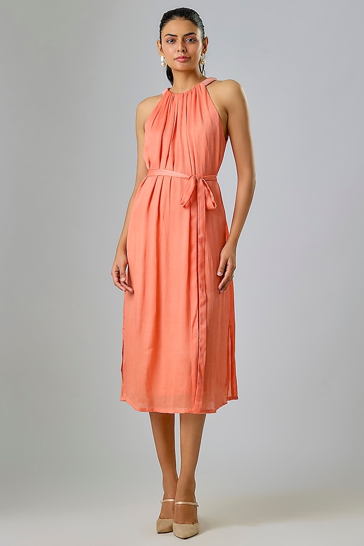 Peach Viscose & Cupro Embellished Gathered Shift Party Wear Dress by Sharnita Nandwana at Pernia's Pop Up Shop