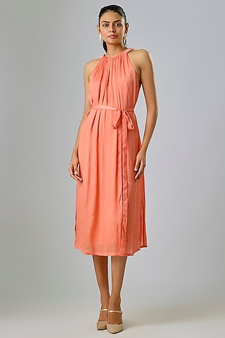 Peach Viscose & Cupro Embellished Gathered Shift Dress by Sharnita Nandwana