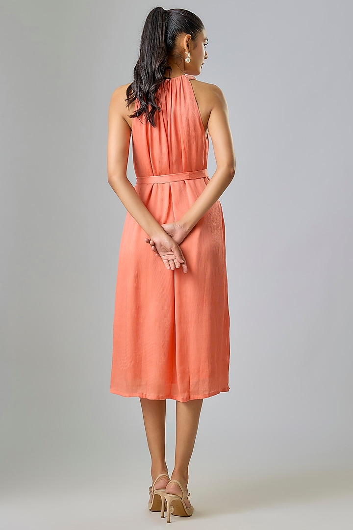 Peach Viscose & Cupro Embellished Gathered Shift Party Wear Dress by Sharnita Nandwana at Pernia's Pop Up Shop