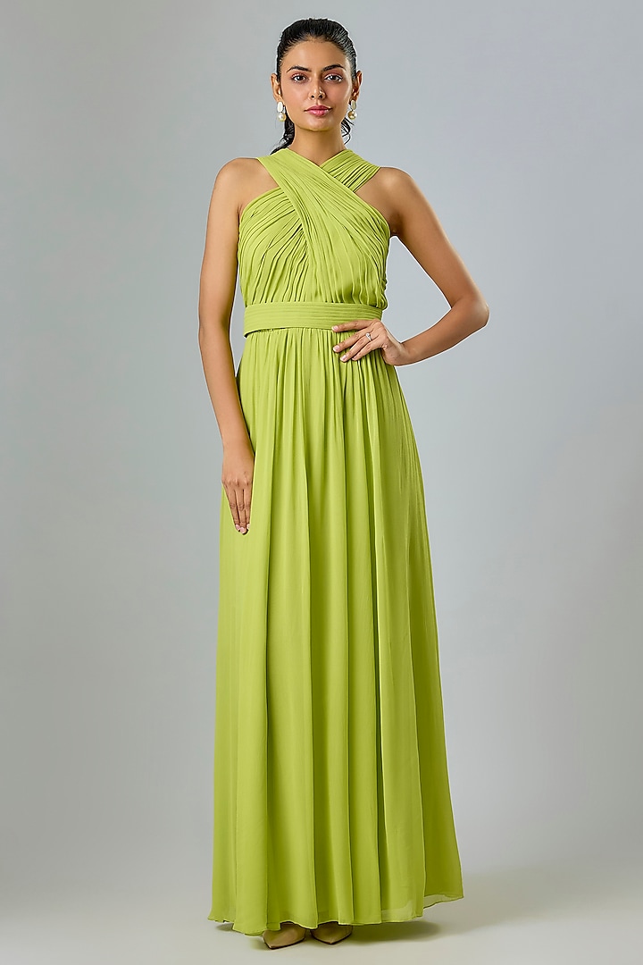 Green Viscose & Cupro Hand Draped Engagement Gown by Sharnita Nandwana at Pernia's Pop Up Shop
