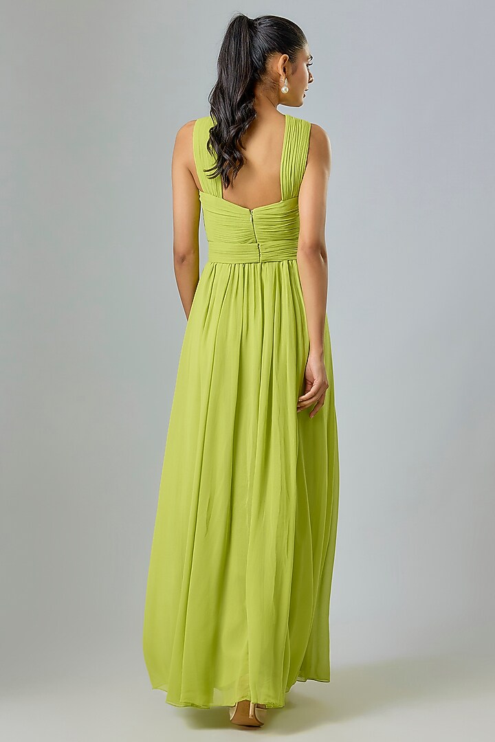 Green Viscose & Cupro Hand Draped Engagement Gown by Sharnita Nandwana at Pernia's Pop Up Shop