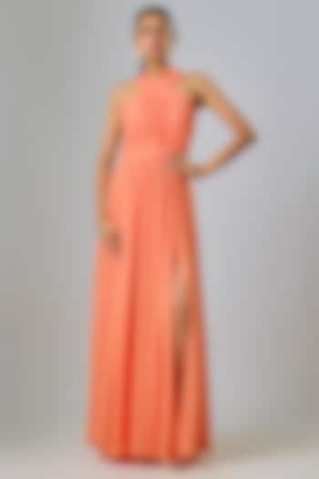 Peach Viscose & Cupro Hand Draped Engagement Gown by Sharnita Nandwana at Pernia's Pop Up Shop