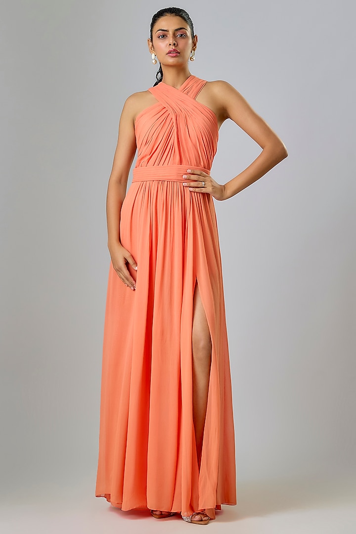 Peach Viscose & Cupro Hand Draped Engagement Gown by Sharnita Nandwana at Pernia's Pop Up Shop