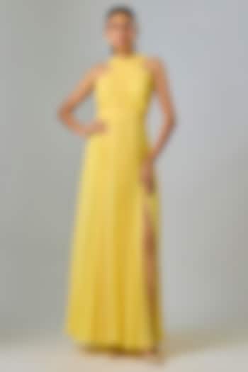 Yellow Viscose & Cupro Hand Draped Engagement Gown by Sharnita Nandwana at Pernia's Pop Up Shop