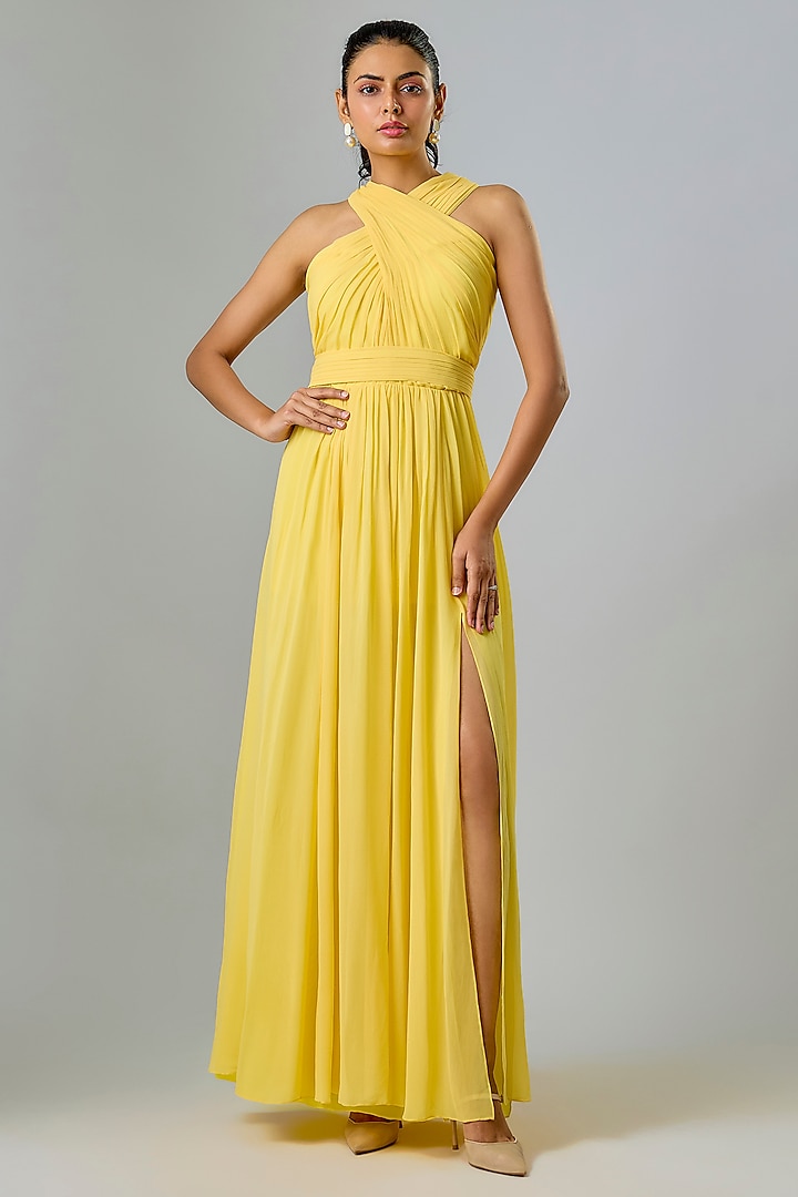 Yellow Viscose & Cupro Hand Draped Engagement Gown by Sharnita Nandwana at Pernia's Pop Up Shop