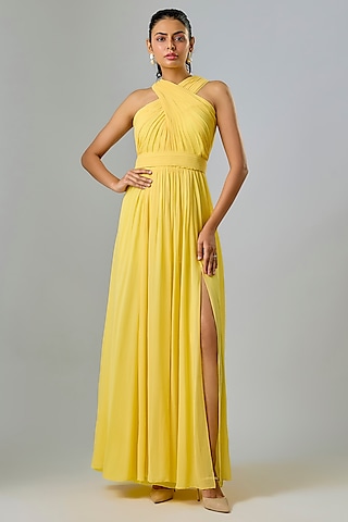 Yellow Viscose & Cupro Hand Draped Gown by Sharnita Nandwana