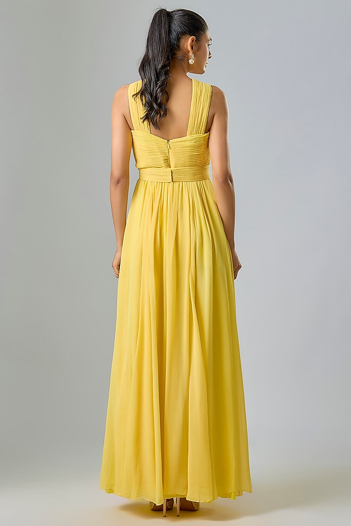 Yellow Viscose & Cupro Hand Draped Engagement Gown by Sharnita Nandwana at Pernia's Pop Up Shop