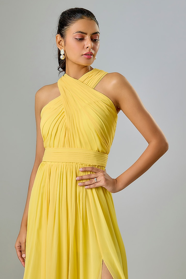 Yellow Viscose & Cupro Hand Draped Engagement Gown by Sharnita Nandwana at Pernia's Pop Up Shop