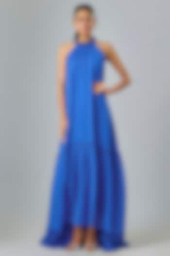 Blue Cupro Hand Embellished High-Low Maxi Party Wear Dress by Sharnita Nandwana at Pernia's Pop Up Shop