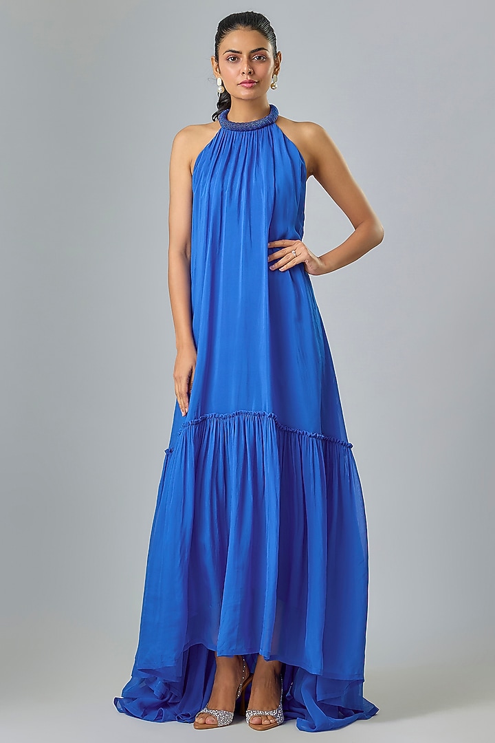 Blue Cupro Hand Embellished High-Low Maxi Party Wear Dress by Sharnita Nandwana at Pernia's Pop Up Shop