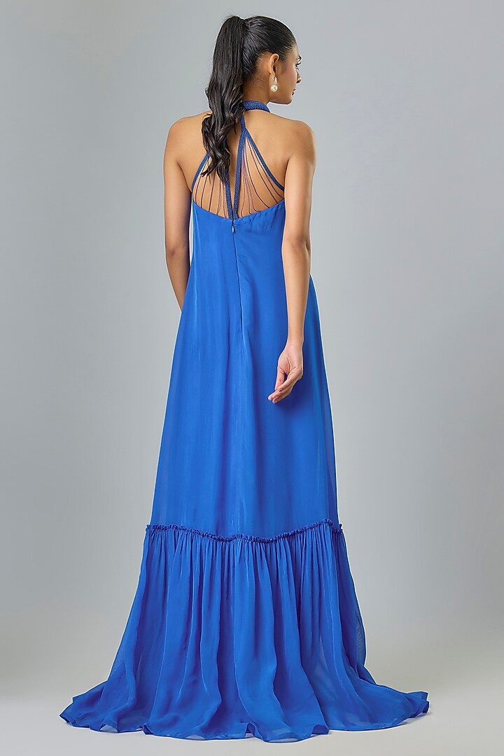 Blue Cupro Hand Embellished High-Low Maxi Party Wear Dress by Sharnita Nandwana at Pernia's Pop Up Shop