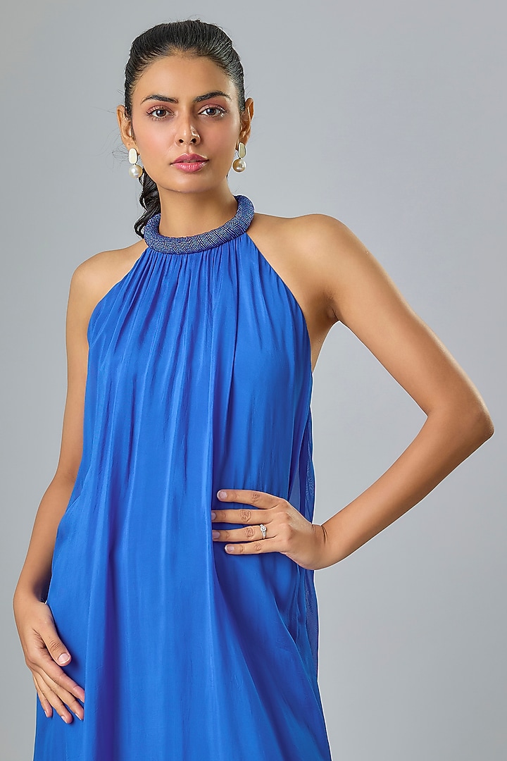 Blue Cupro Hand Embellished High-Low Maxi Party Wear Dress by Sharnita Nandwana at Pernia's Pop Up Shop