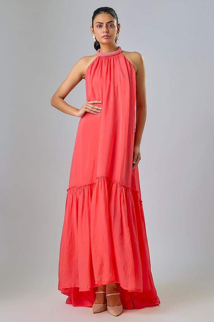 Pink Cupro Hand Embellished High-Low Maxi Party Wear Dress by Sharnita Nandwana at Pernia's Pop Up Shop
