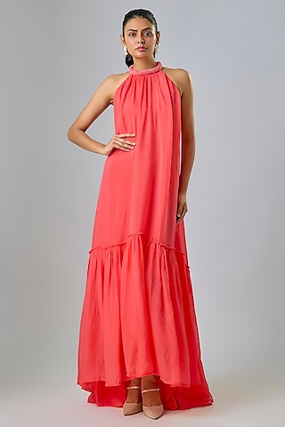 Pink Cupro Hand Embellished High-Low Maxi Dress by Sharnita Nandwana