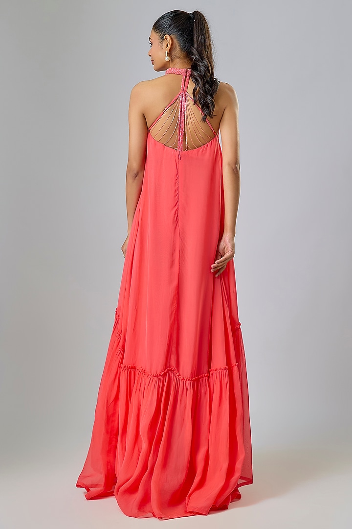 Pink Cupro Hand Embellished High-Low Maxi Party Wear Dress by Sharnita Nandwana at Pernia's Pop Up Shop
