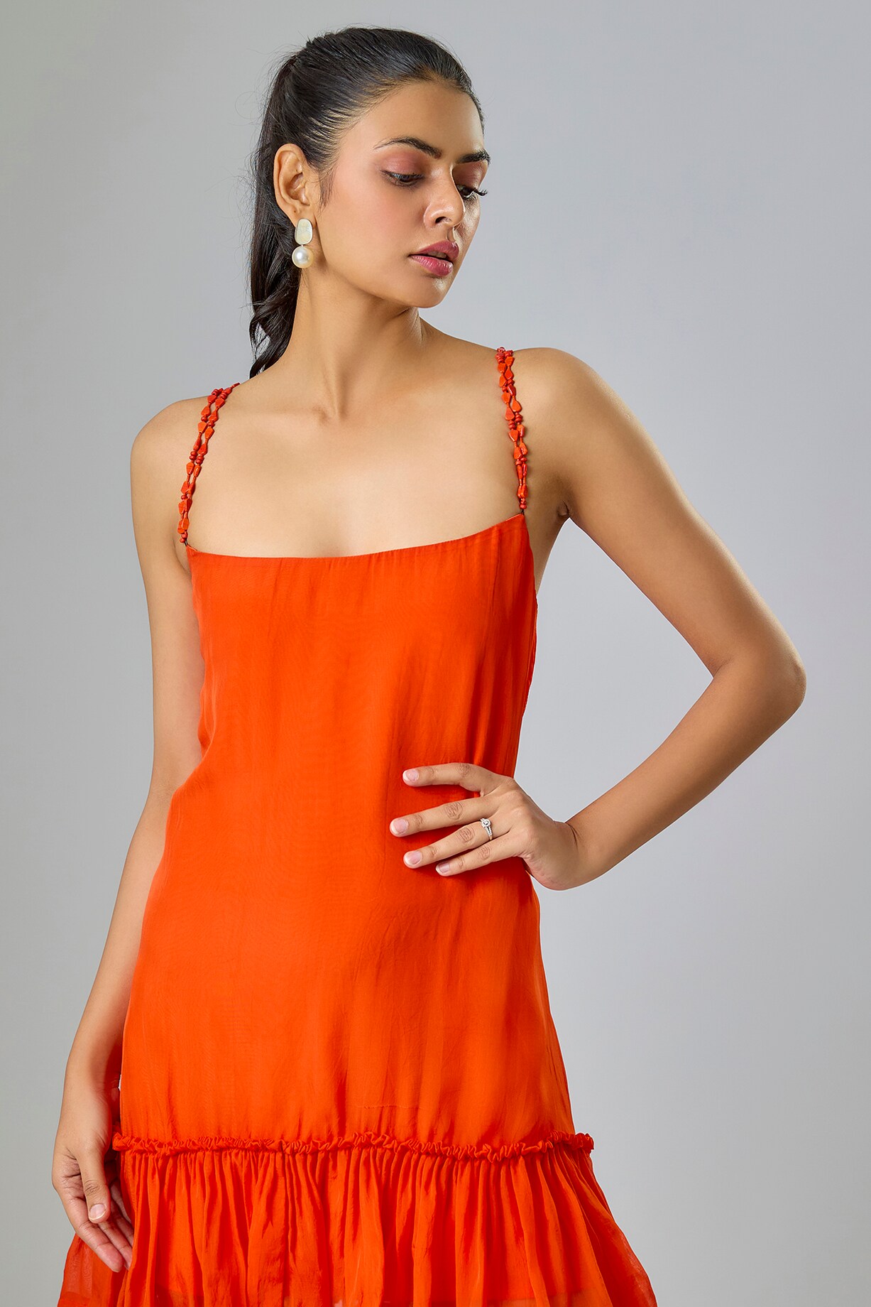 Pernia's Pop Up Shop - Sharnita Nandwana Women Orange Cupro Beaded Strappy Mini Dress