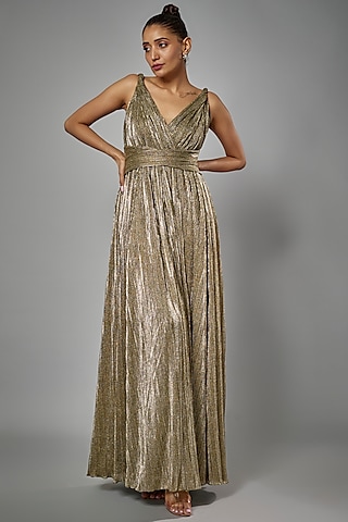 Green Micro Pleated Lame Shimmer Gown by Sharnita Nandwana