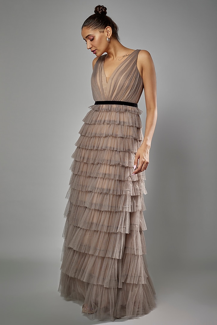Grey Soft Tulle Tiered A-Line Gown by Sharnita Nandwana