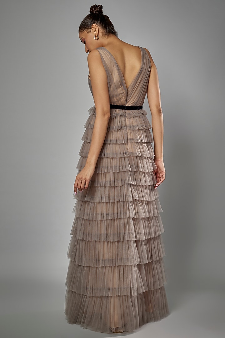 Grey Soft Tulle Tiered A-Line Wedding Gown by Sharnita Nandwana at Pernia's Pop Up Shop