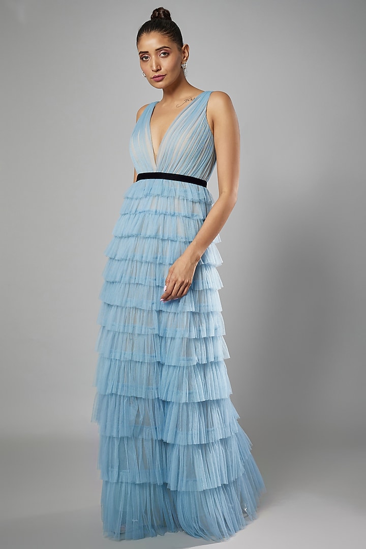 Blue Soft Tulle Tiered A-Line Gown by Sharnita Nandwana