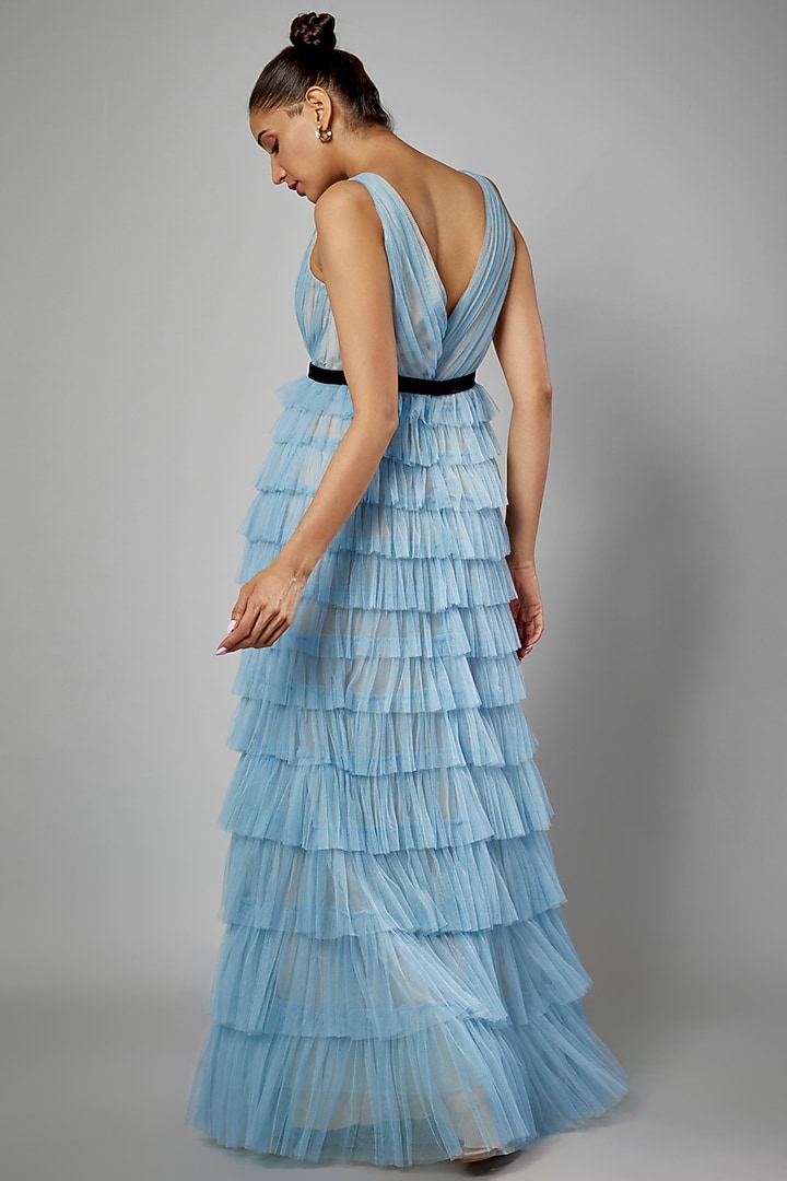 Blue Soft Tulle Tiered A-Line Wedding Gown by Sharnita Nandwana at Pernia's Pop Up Shop