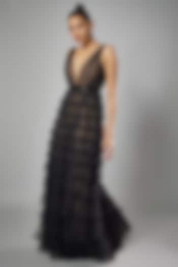 Black Soft Tulle Tiered A-Line Gown by Sharnita Nandwana