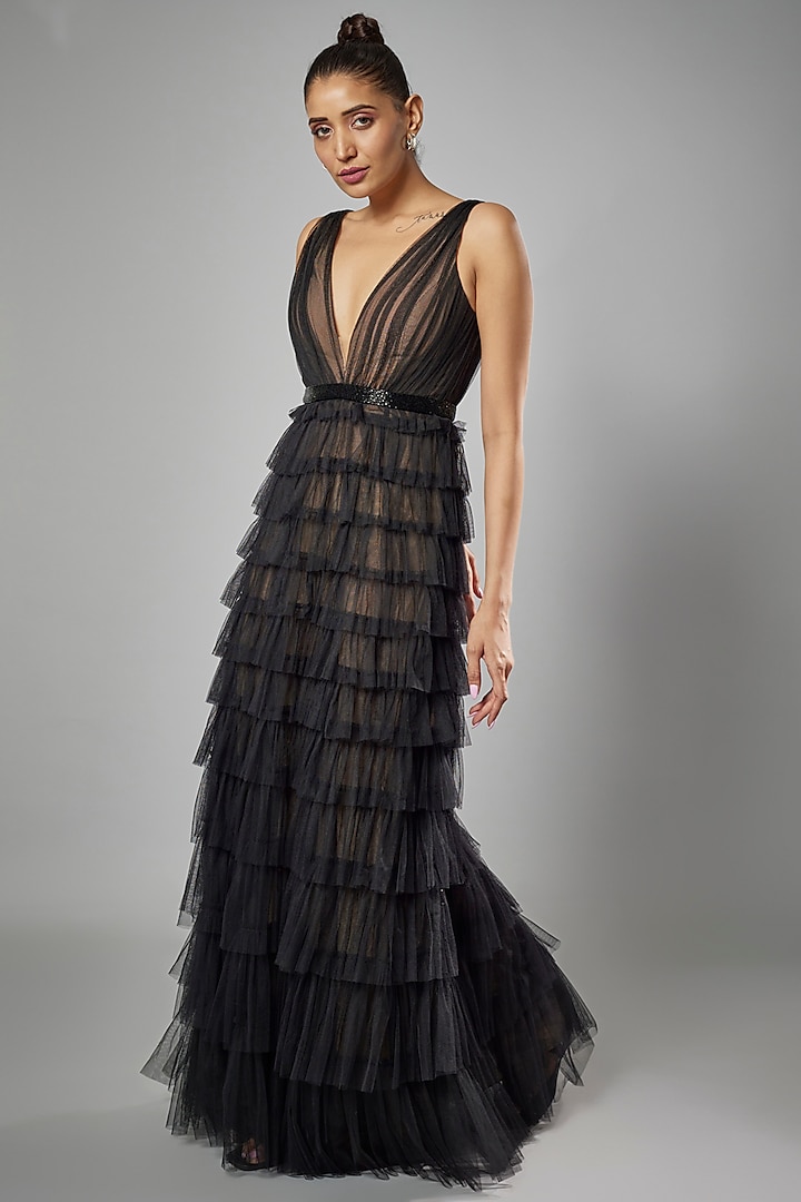 Black Soft Tulle Tiered A-Line Gown by Sharnita Nandwana