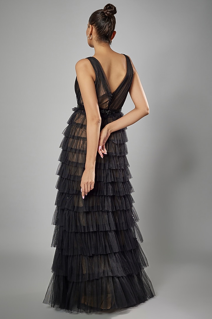 Black Soft Tulle Tiered A-Line Wedding Gown by Sharnita Nandwana at Pernia's Pop Up Shop