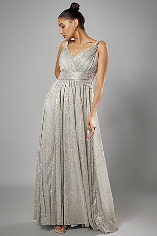 Blue Micro Pleated Lame Shimmer Gown by Sharnita Nandwana