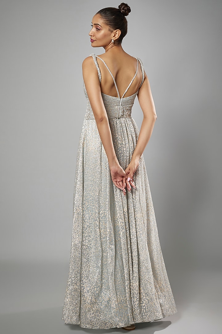 Blue Micro Pleated Lame Shimmer Engagement Gown by Sharnita Nandwana at Pernia's Pop Up Shop