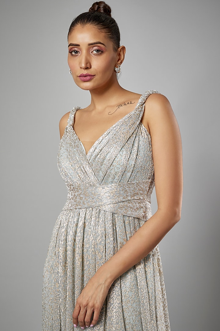 Blue Micro Pleated Lame Shimmer Engagement Gown by Sharnita Nandwana at Pernia's Pop Up Shop
