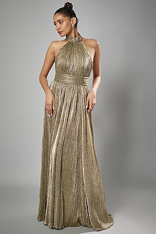 Green Micro Pleated Lame Shimmer Gown by Sharnita Nandwana