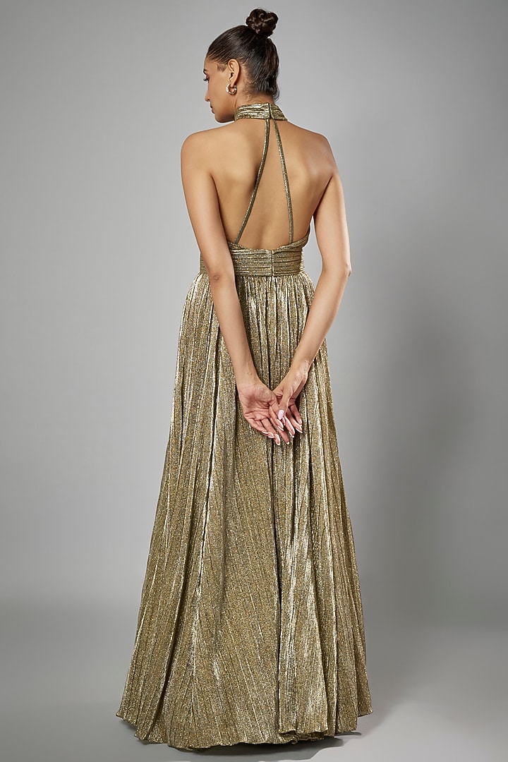 Green Micro Pleated Lame Shimmer Engagement Gown by Sharnita Nandwana at Pernia's Pop Up Shop