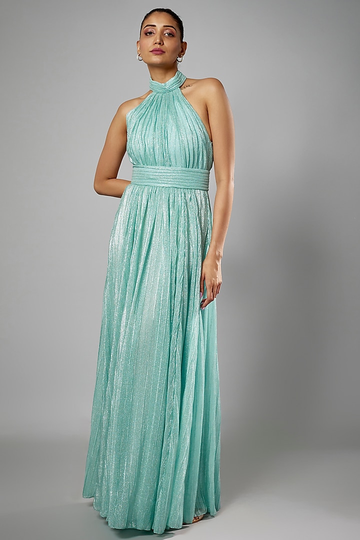 Blue Micro Pleated Lame Shimmer Gown by Sharnita Nandwana
