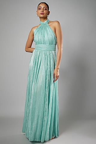 Blue Micro Pleated Lame Shimmer Gown by Sharnita Nandwana