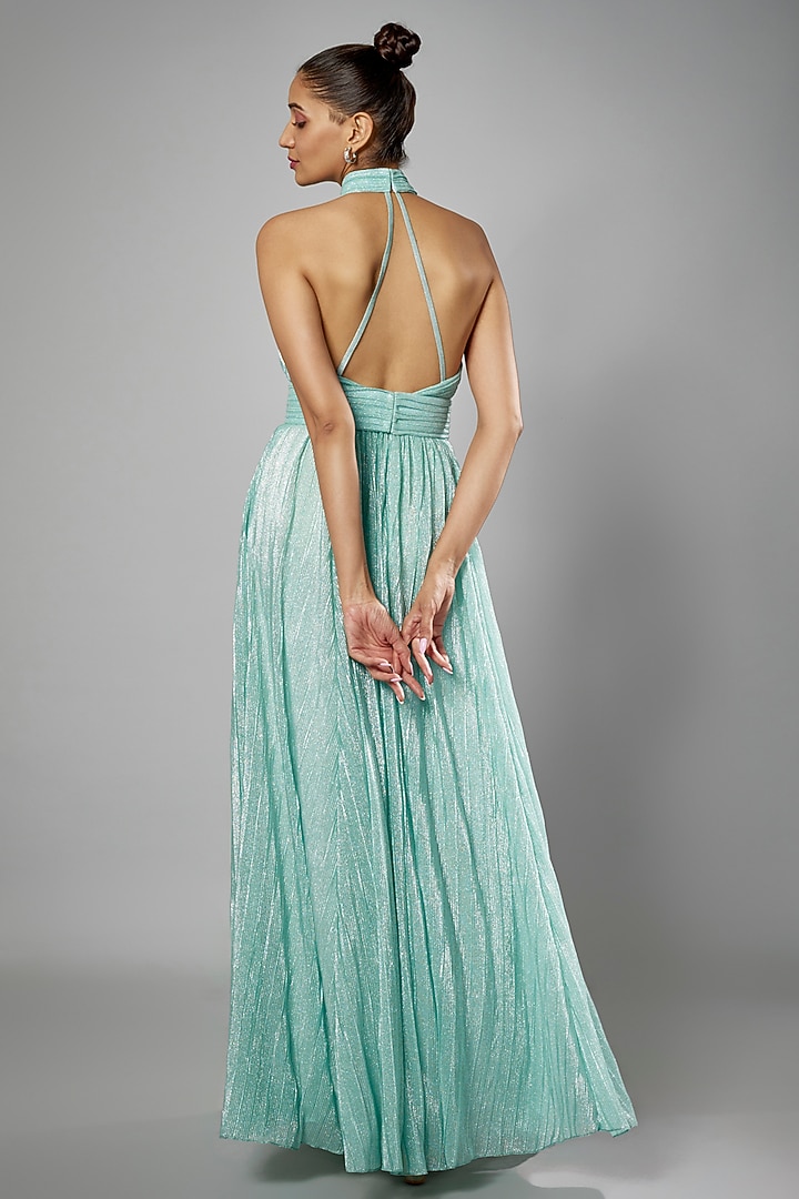 Blue Micro Pleated Lame Shimmer Engagement Gown by Sharnita Nandwana at Pernia's Pop Up Shop