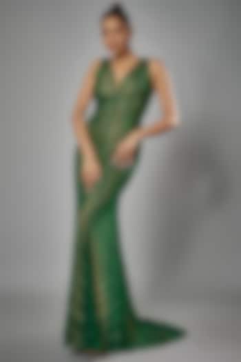 Green Tulle Mermaid Gown by Sharnita Nandwana