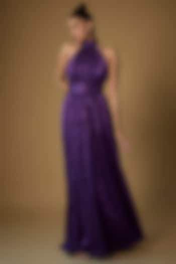 Purple Shimmer High-Collar Neck Gown by Sharnita Nandwana