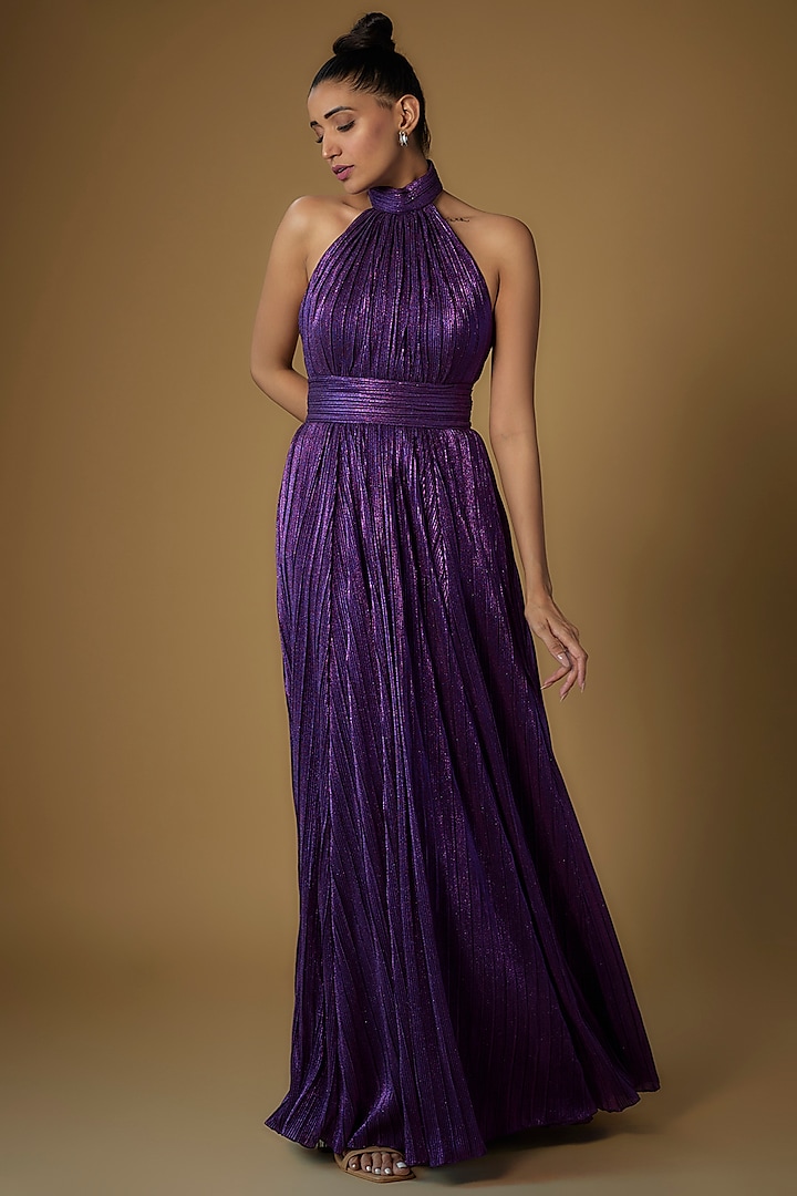 Purple Shimmer High-Collar Neck Gown by Sharnita Nandwana